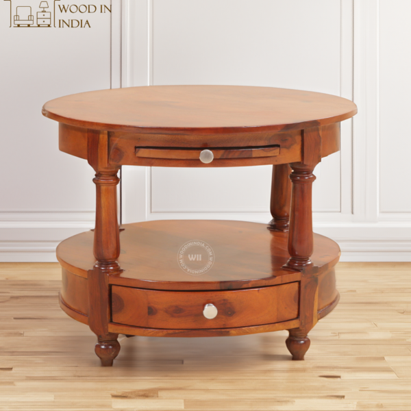Auris Round Coffee Table with Drawers (Honey Finish)
