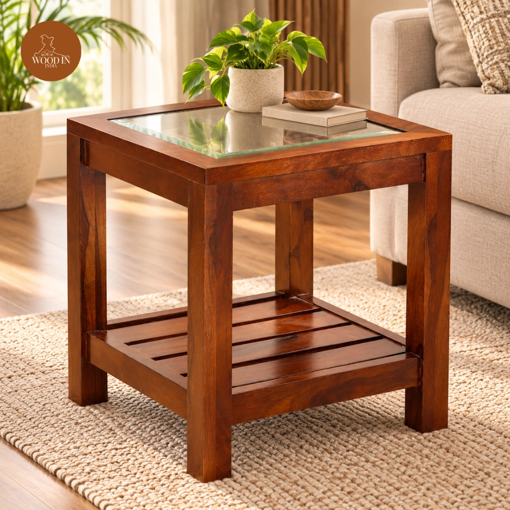 Alibs Bedside Table With Glass Top (Honey Finish)