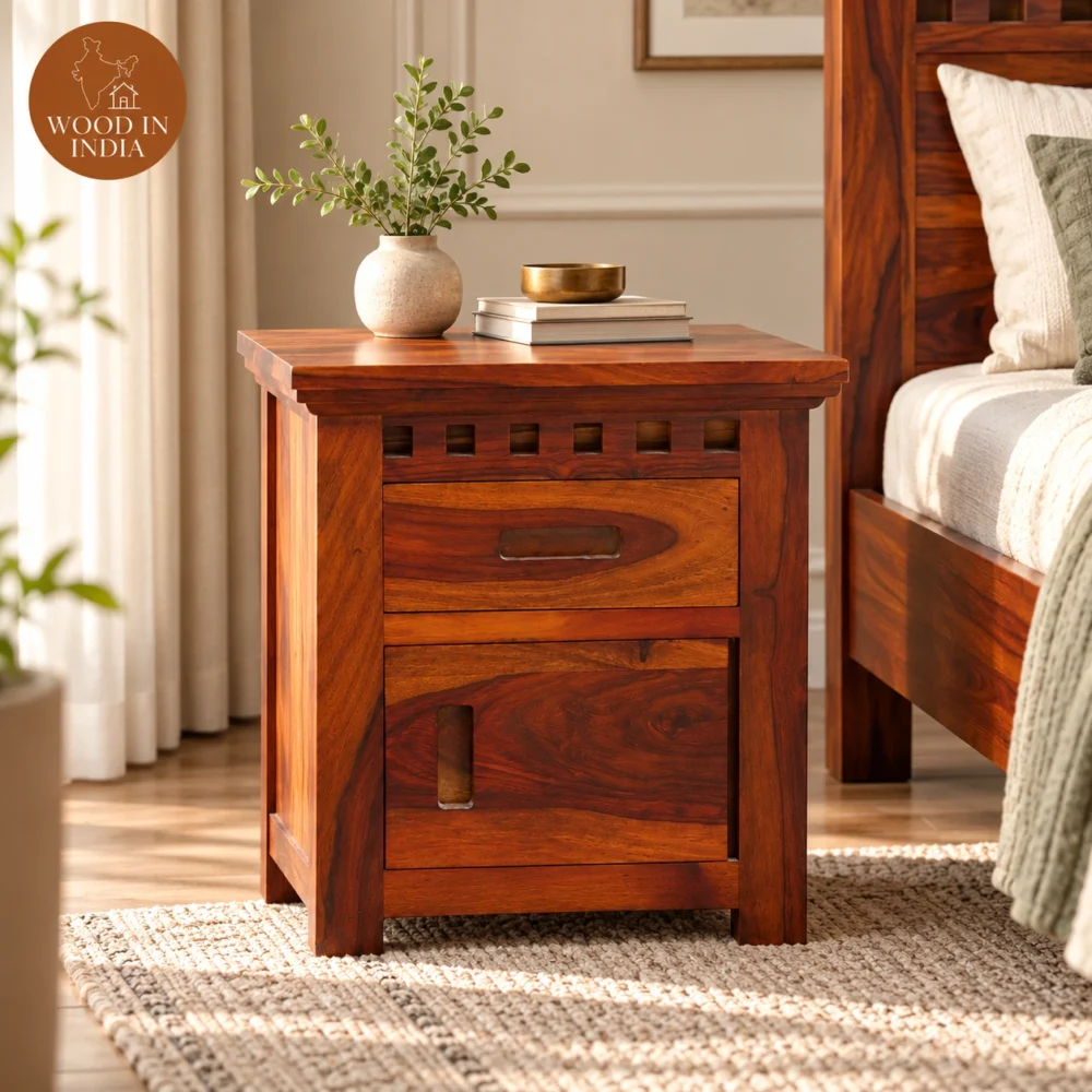 Warm Adora Bedside Table (Honey Finish) Bedside Table in a Cozy Bedroom Adora Bedside Table (Honey Finish)