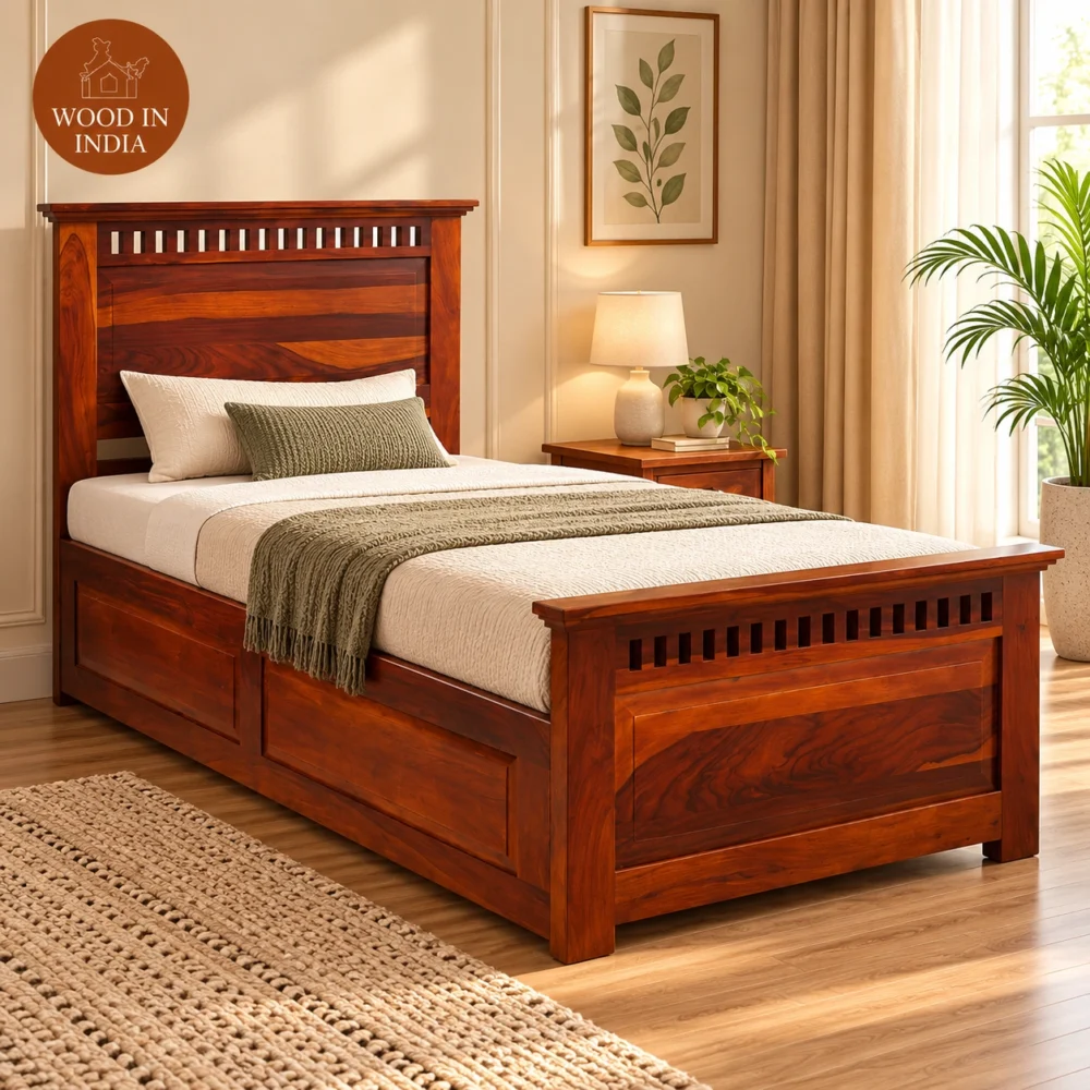 Adora Single Bed With Drawer Storage (Honey Finish)
