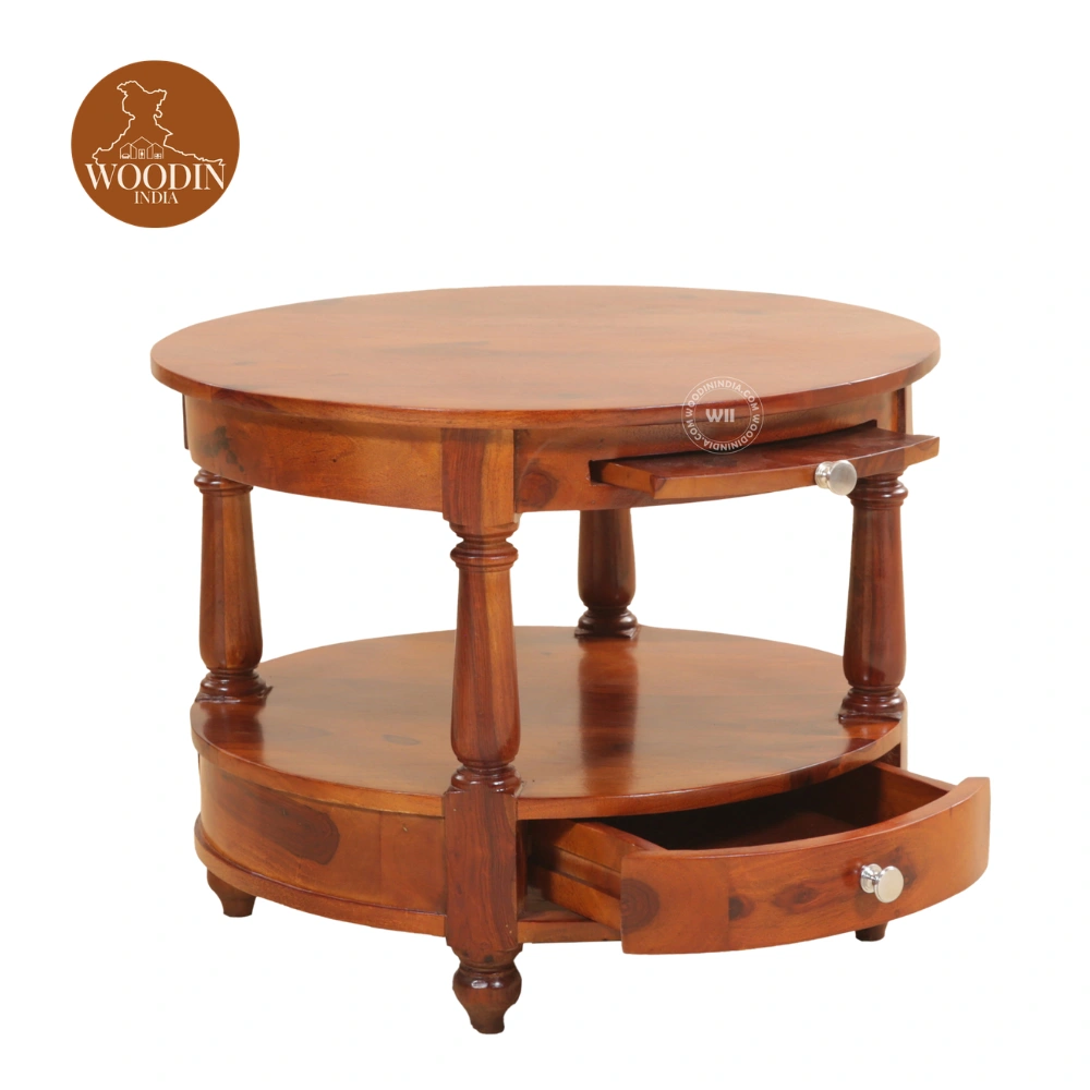 2 Auris Round Coffee Table with Drawers (Honey Finish)