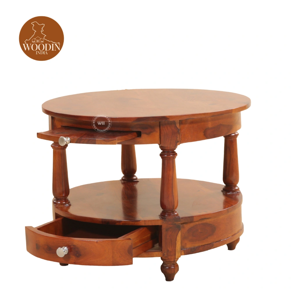3 Auris Round Coffee Table with Drawers (Honey Finish)