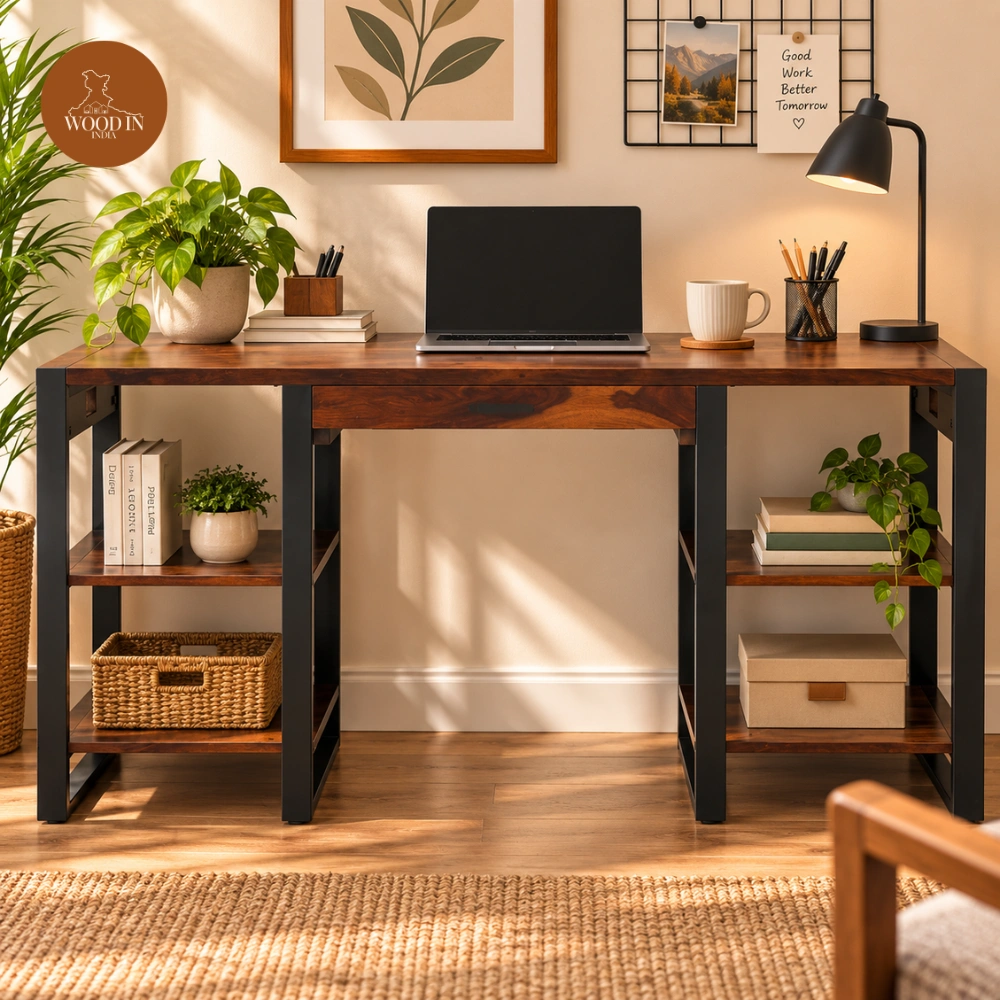 Brox Study Table With Iron Base(Honey Finish) Brox Study Table With Iron Base(Honey Finish)