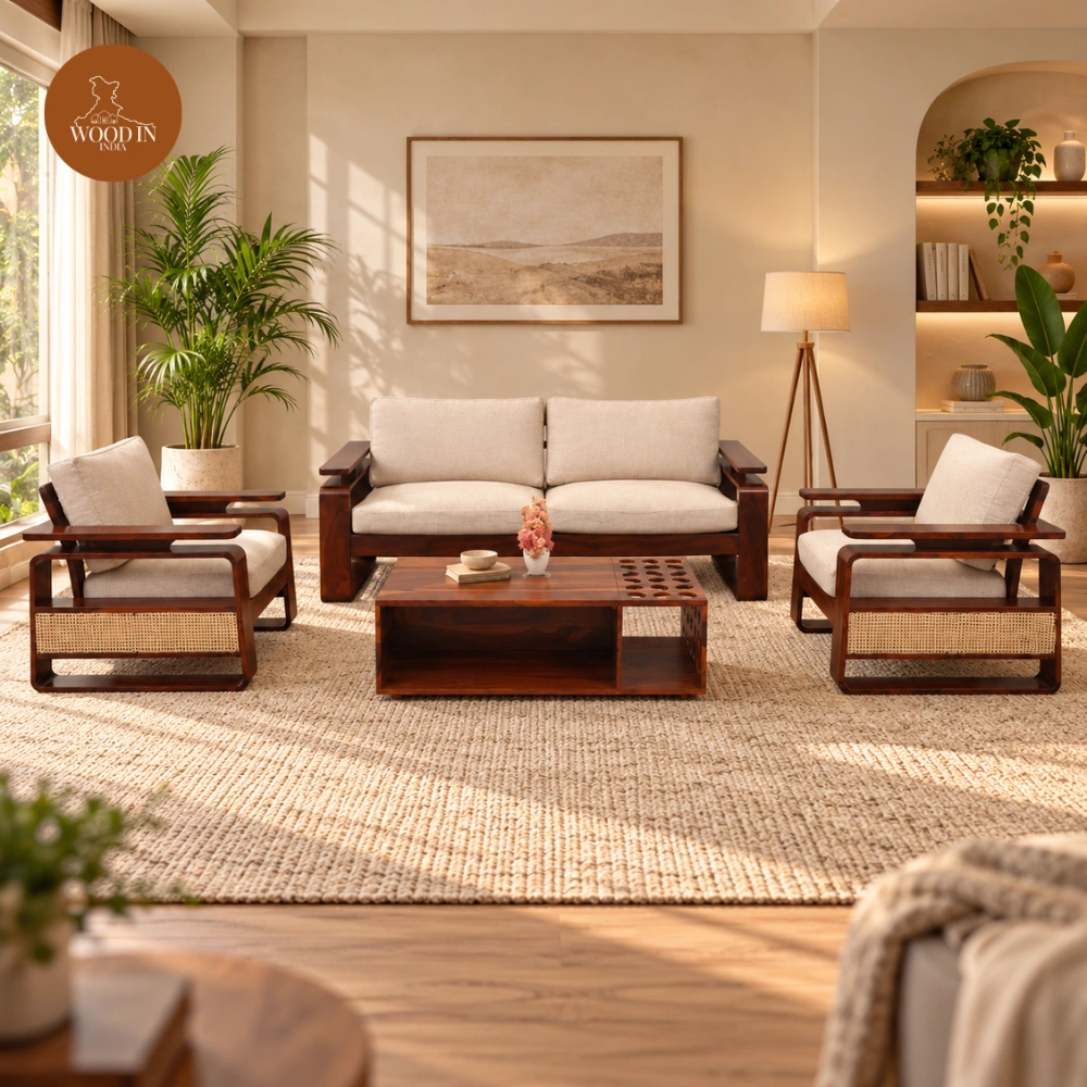 Dharohar 3+1+1 Wooden Sofa Set (Honey Finish)