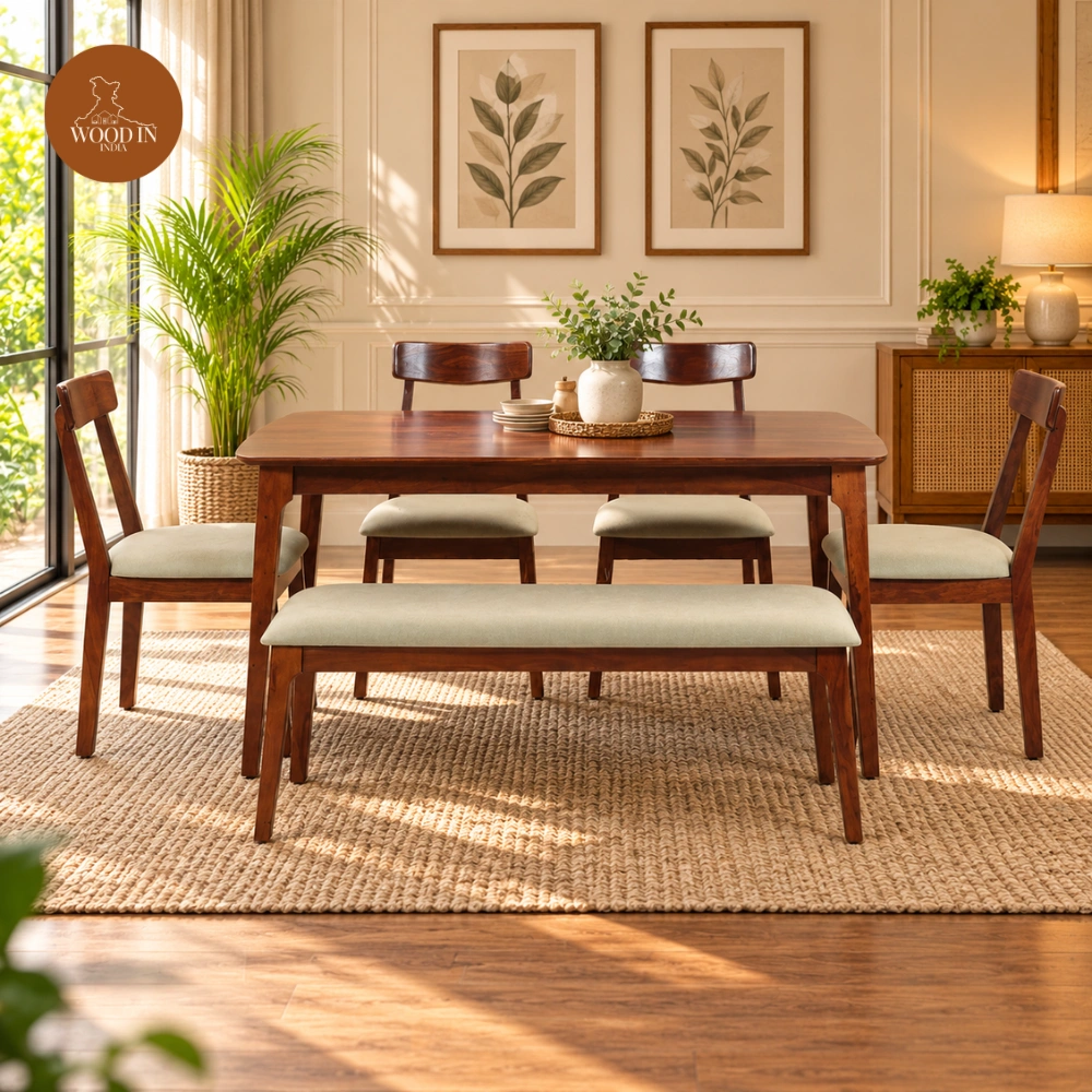 Filo 6 Seater Dining Set With Bench (Honey Finish) Filo 6 Seater Dining Set With Bench (Honey Finish)