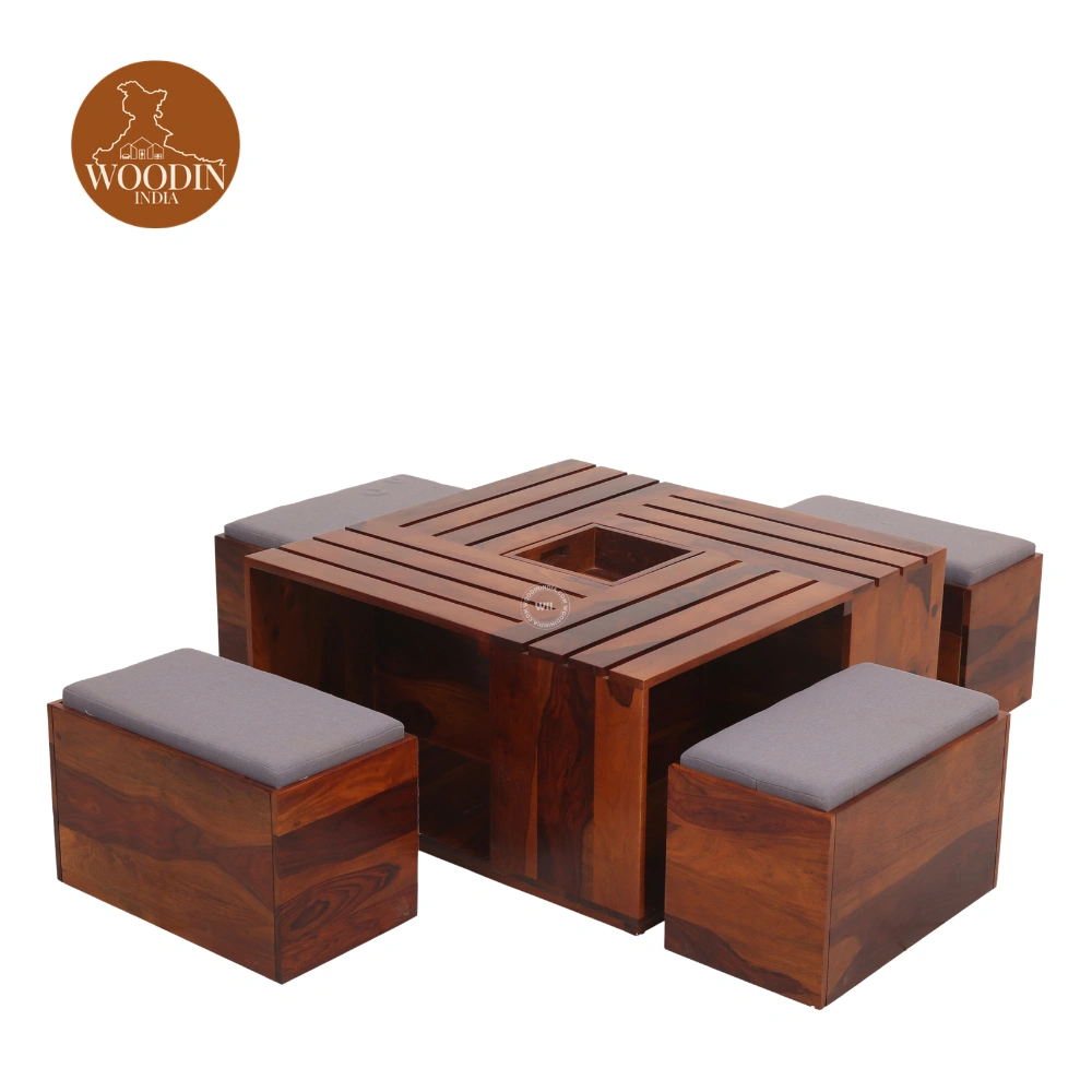 3 Jholy Coffee Table With 4 Stool (Honey Finish)