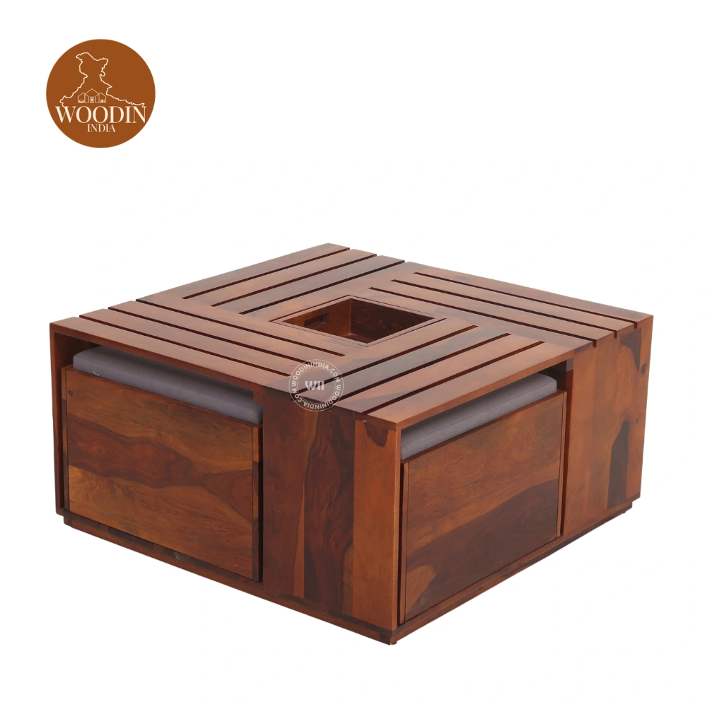 4 Jholy Coffee Table With 4 Stool (Honey Finish)
