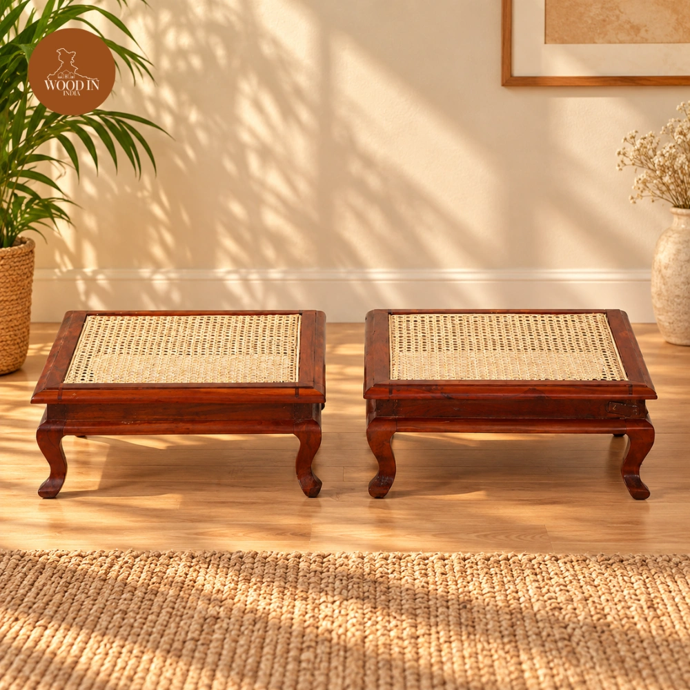 Mica Solid Cane Wood Pooja Chowki Natural Finish Puja Wood Bajot