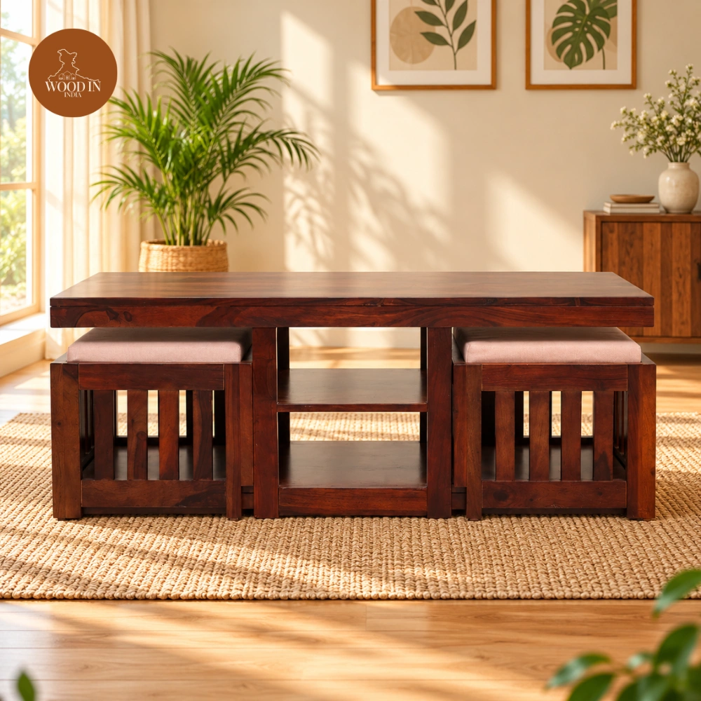 Woodin Coffee Table Set With 2 Stool (Honey Finish) Woodin Coffee Table Set With 2 Stool (Honey Finish)